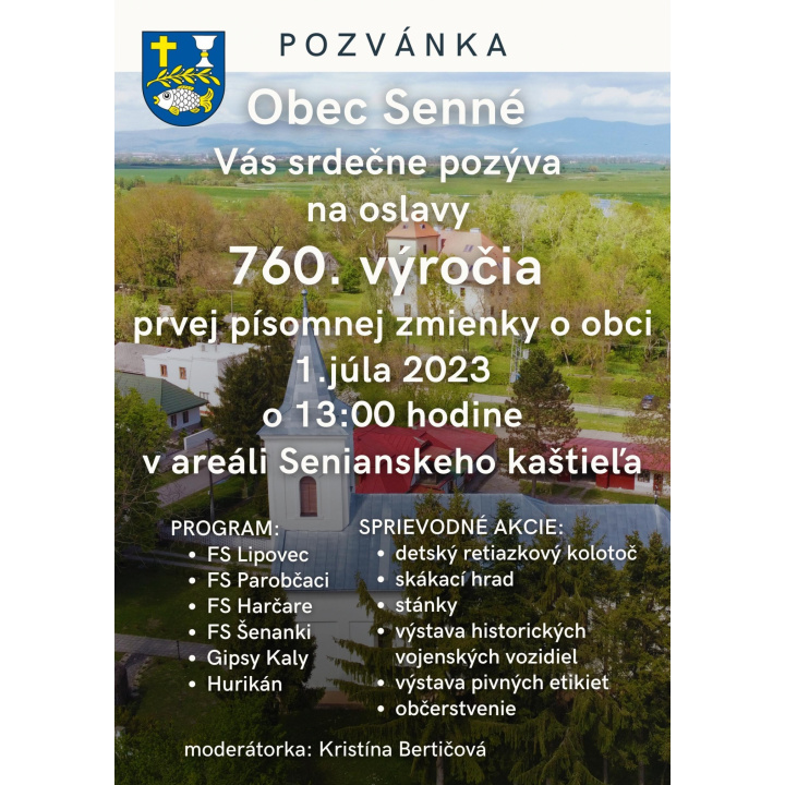 Pozývame Vás na oslavy 760. výročia 1. písomnej zmienky o našej obci Senné